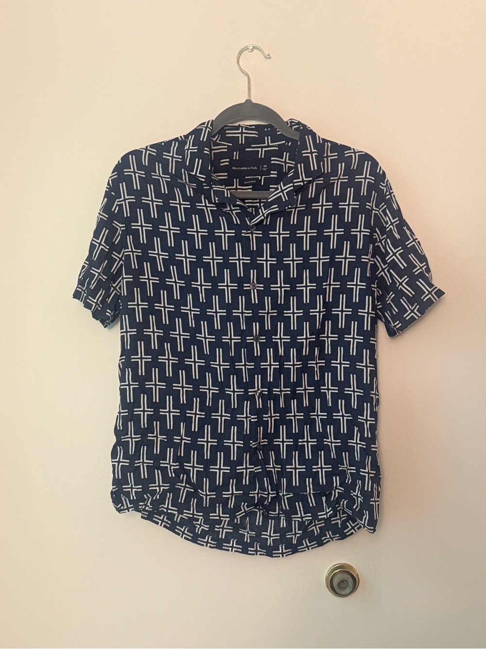 Abercrombie & Fitch Navy Short-Sleeve Button-Down with White Cross Pattern